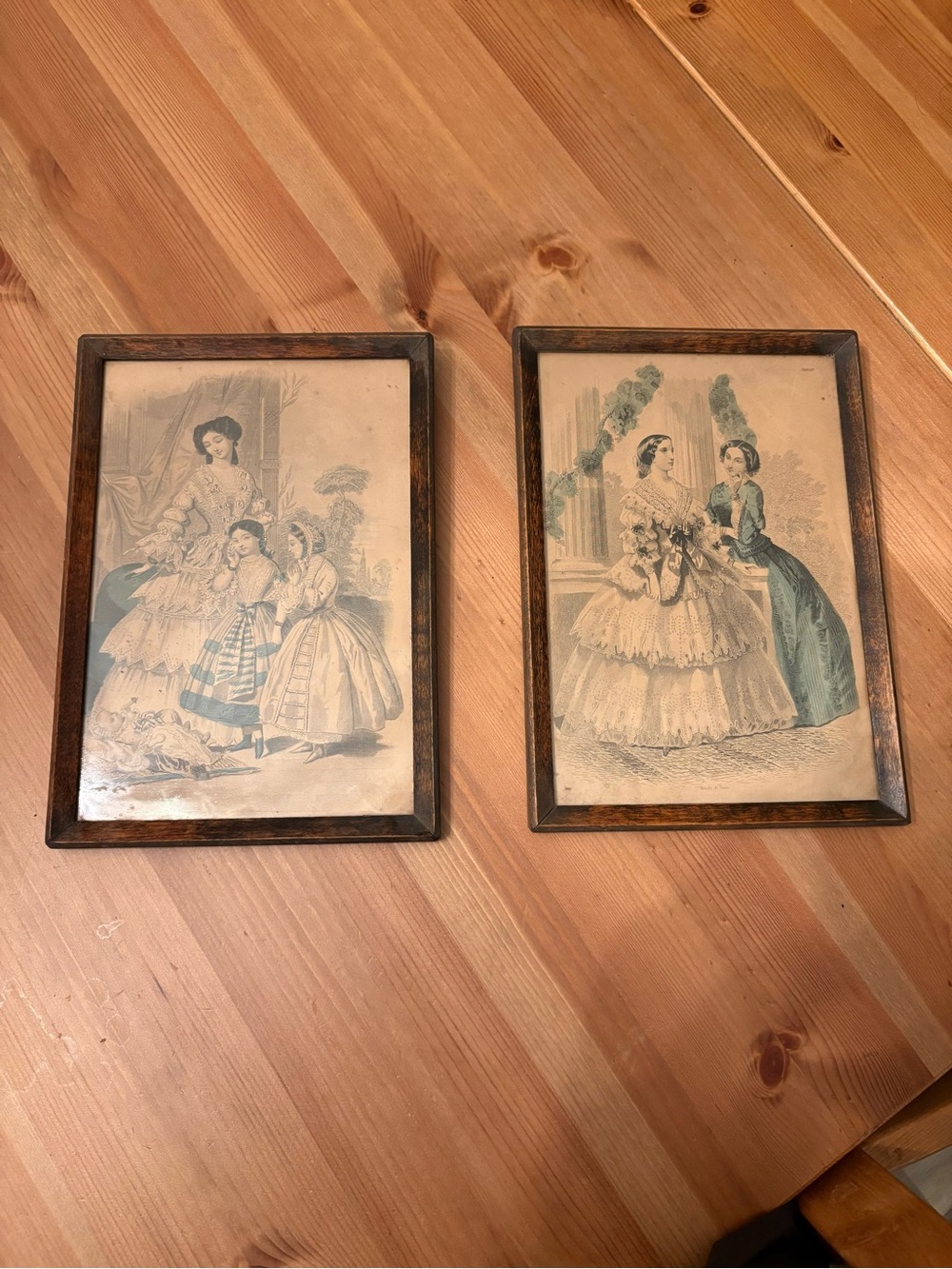 Antique 1850s Framed Victorian Fashion Prints Pair Cottagecore 6.5”x9.5” Inches